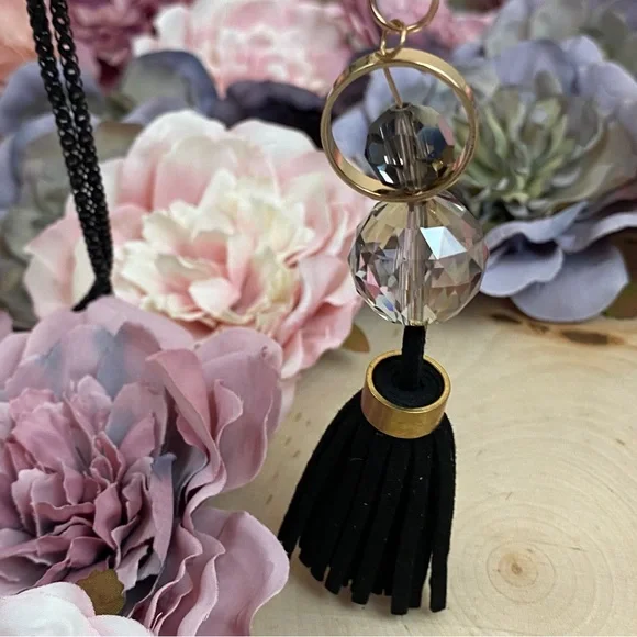 Chic Clear Sphere Long Black and Gold Tassel Necklace - Picture 8 of 11